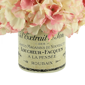 Creative Displays Hydrangea Floral Arrangement in a French Labeled Glass Vase