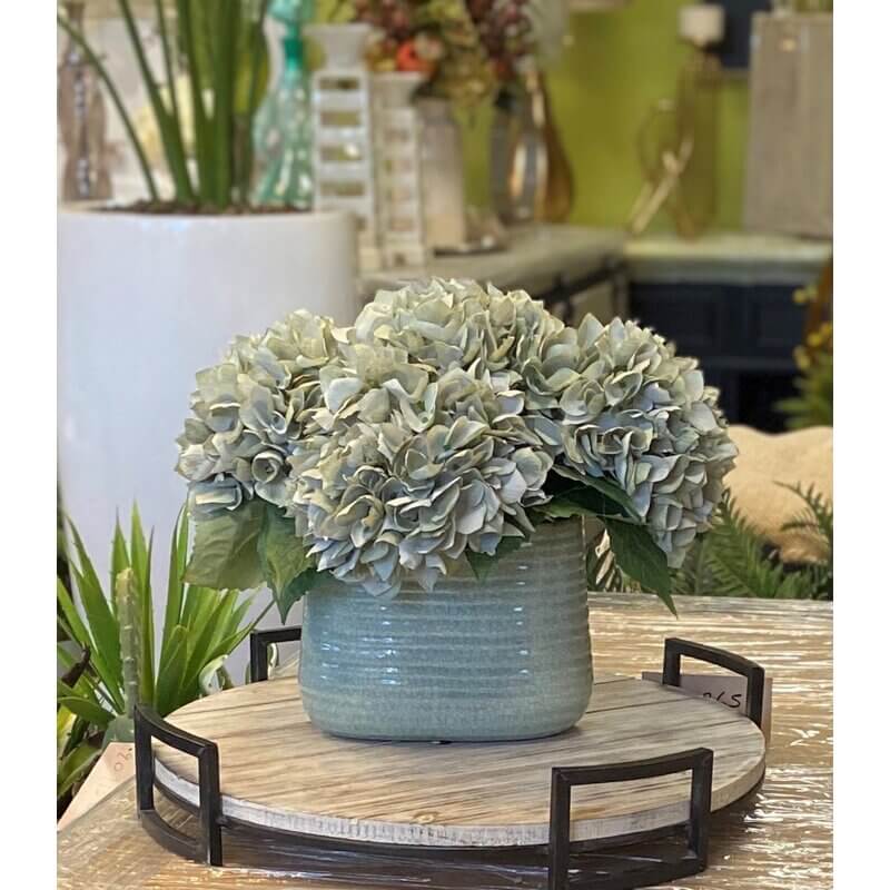 Creative Displays Seafoam Hydrangea In a Blue Ceramic Vase