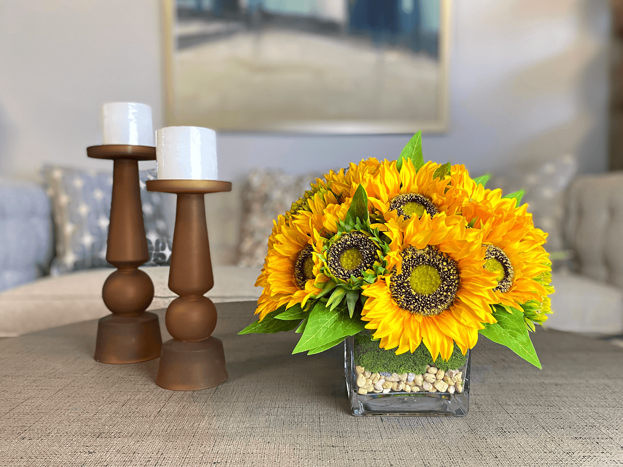 Creative Displays Sunflower Arrangement in a Square Glass Vase with Stones