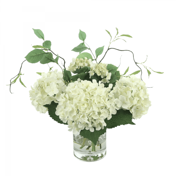 Creative Displays Cream hydrangea with curly vine arrangement in a glass vase