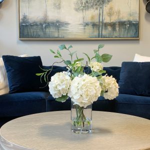 Creative Displays Cream hydrangea with curly vine arrangement in a glass vase