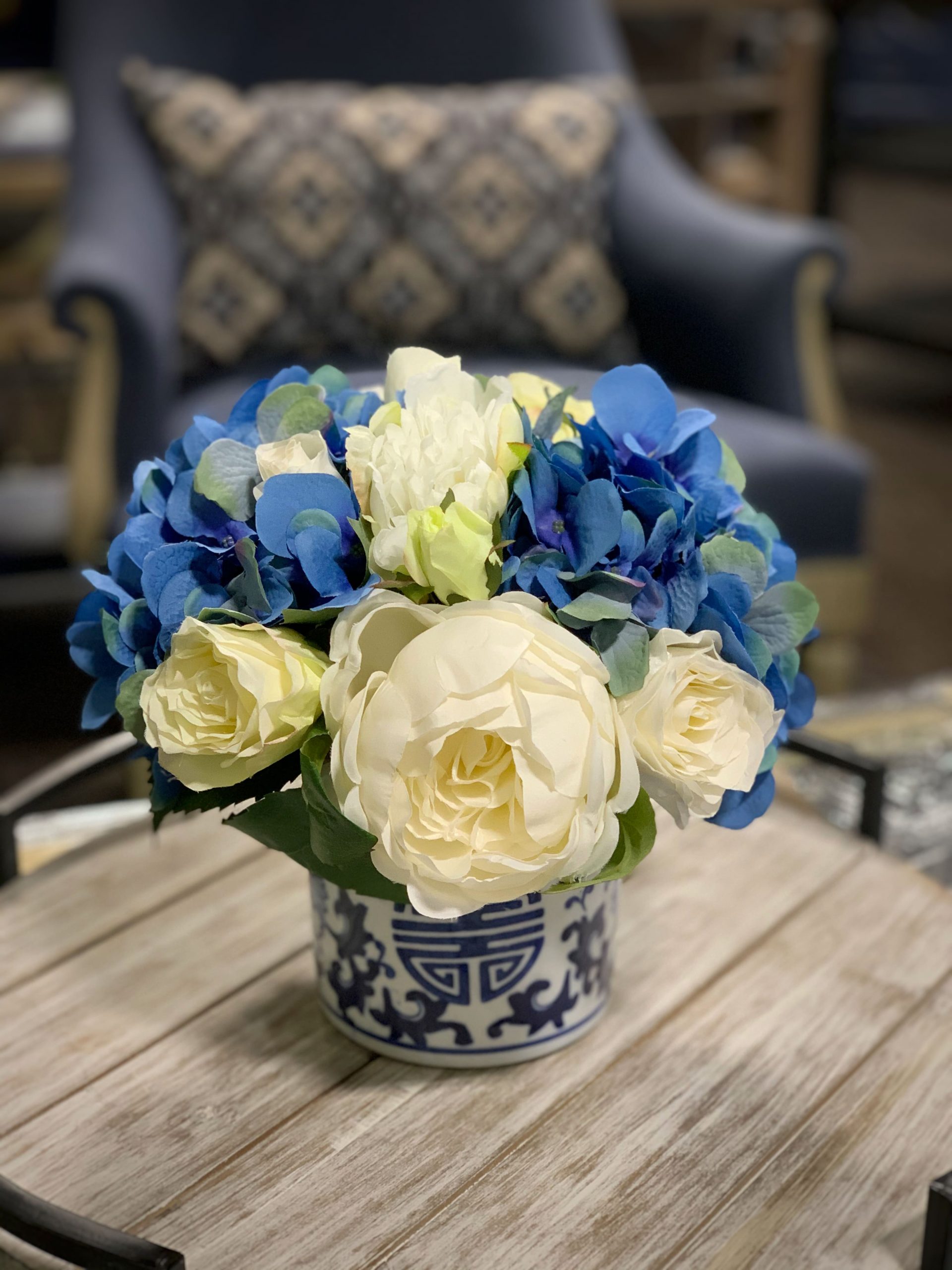 Creative Displays Blue Hydrangea & White Re Floral Arrangement