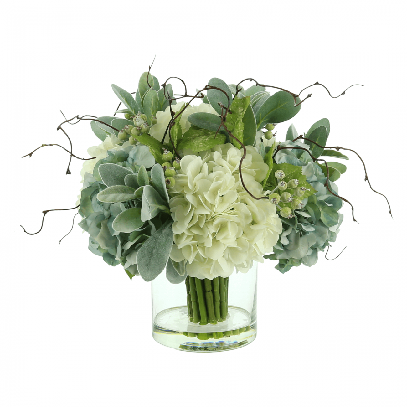 Hydrangea, Lamb’s Ear and Curly Willow Arrangement Creative Displays