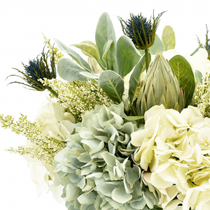 Creative Displays Assorted hydrangea, lamb’s ear and protea arrangement in clear glass