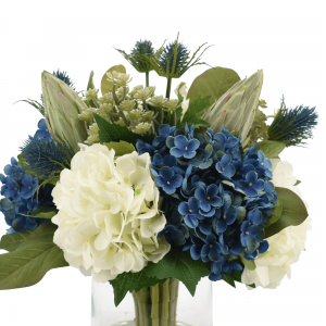Creative Displays Assorted Hydrangeas, Blue Thistle, Cactus and Protea in Glass Vase