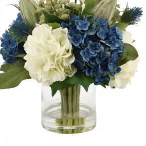 Creative Displays Assorted Hydrangeas, Blue Thistle, Cactus and Protea in Glass Vase