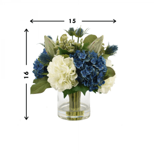 Creative Displays Assorted Hydrangeas, Blue Thistle, Cactus and Protea in Glass Vase