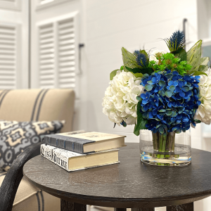 Creative Displays Assorted Hydrangeas, Blue Thistle, Cactus and Protea in Glass Vase