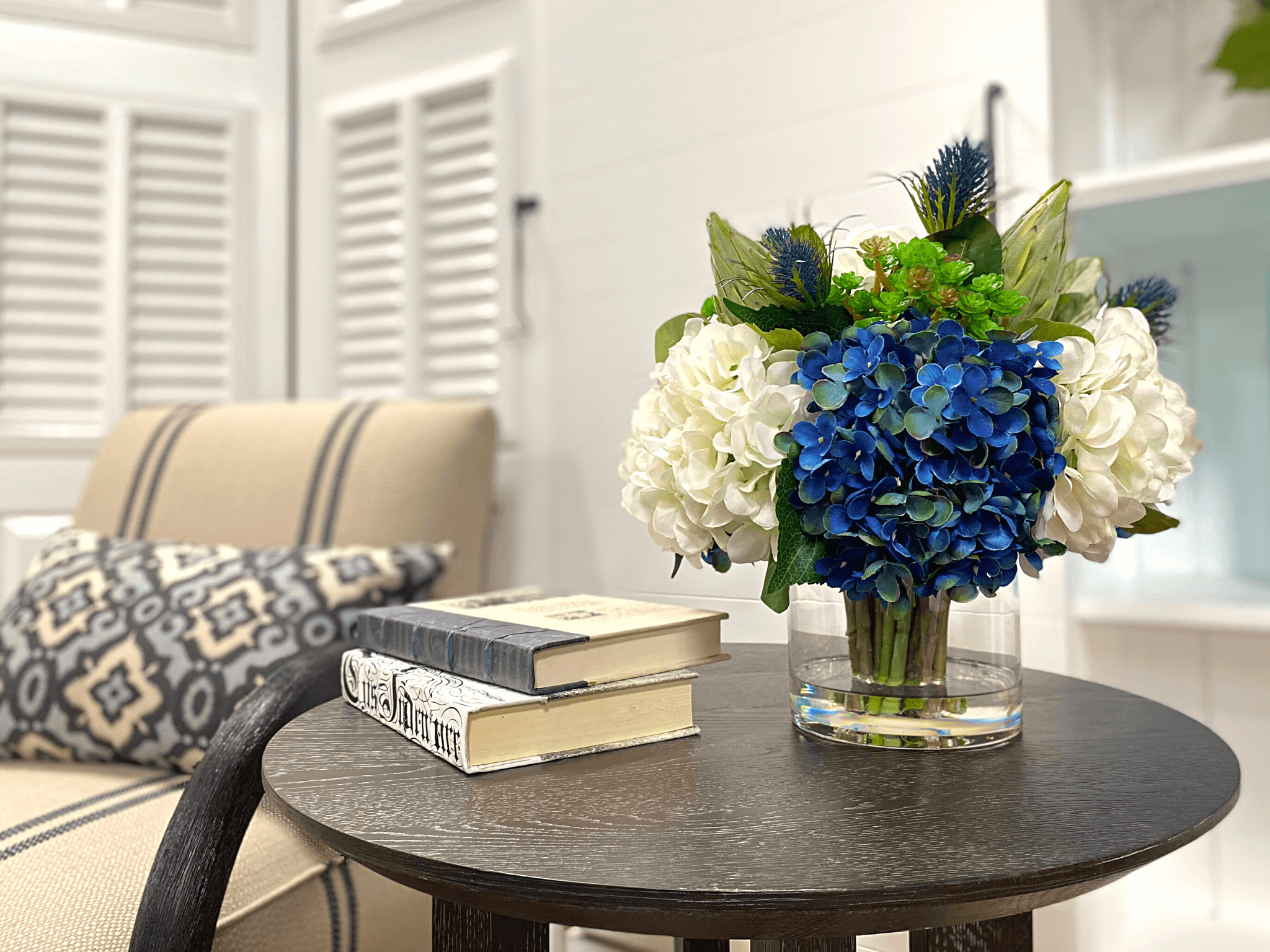 Creative Displays Assorted Hydrangeas, Blue Thistle, Cactus and Protea in Glass Vase