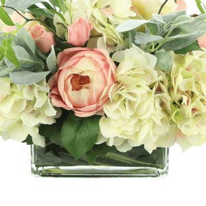 Creative Displays Hydrangeas, Roses and Lamb’s Ear in a Glass Vase
