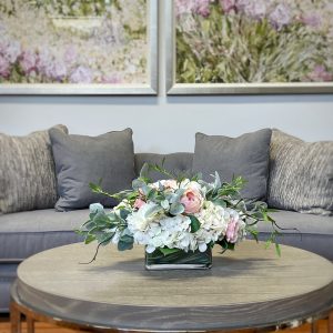 Creative Displays Hydrangeas, Roses and Lamb’s Ear in a Glass Vase