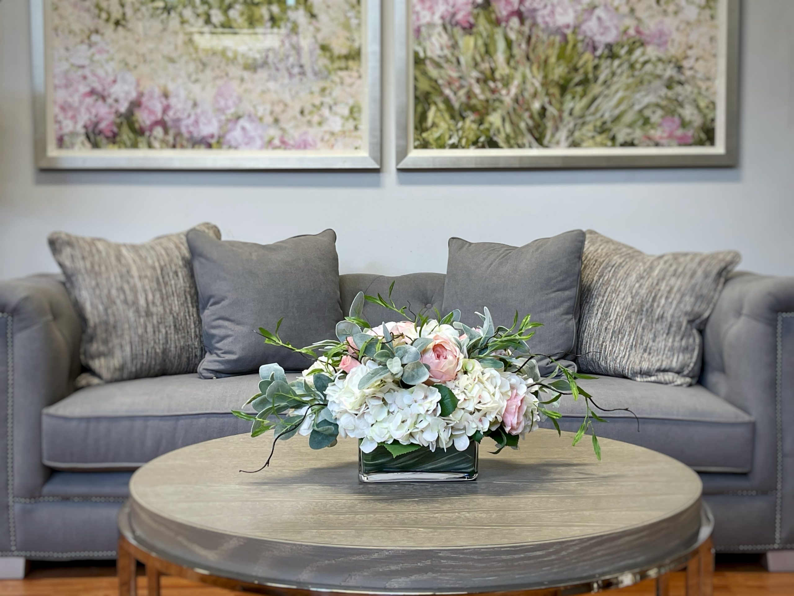 Creative Displays Hydrangeas, Roses and Lamb’s Ear in a Glass Vase