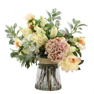 Creative Displays Hydrangea, Peony & Lamb’s Ear Arrangement in Glass Vase with Rope Handle