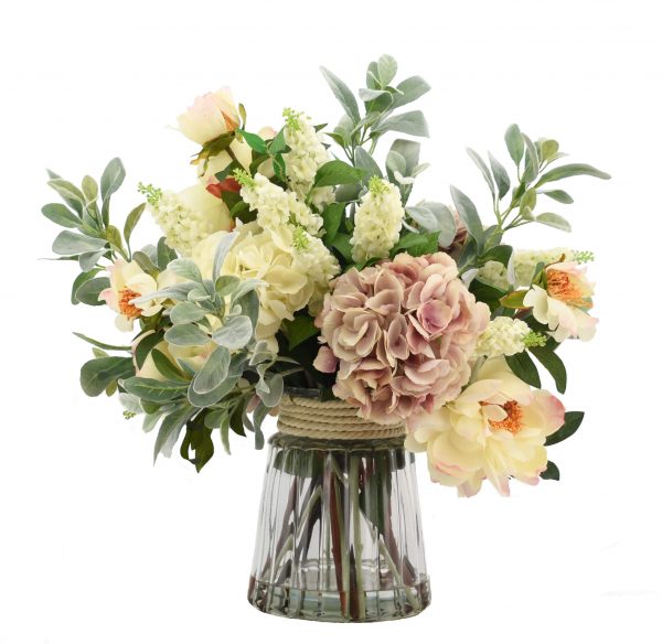 Creative Displays Hydrangea, Peony & Lamb’s Ear Arrangement in Glass Vase with Rope Handle