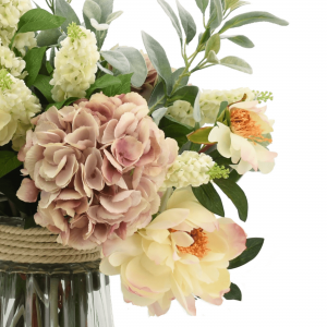 Creative Displays Hydrangea, Peony & Lamb’s Ear Arrangement in Glass Vase with Rope Handle