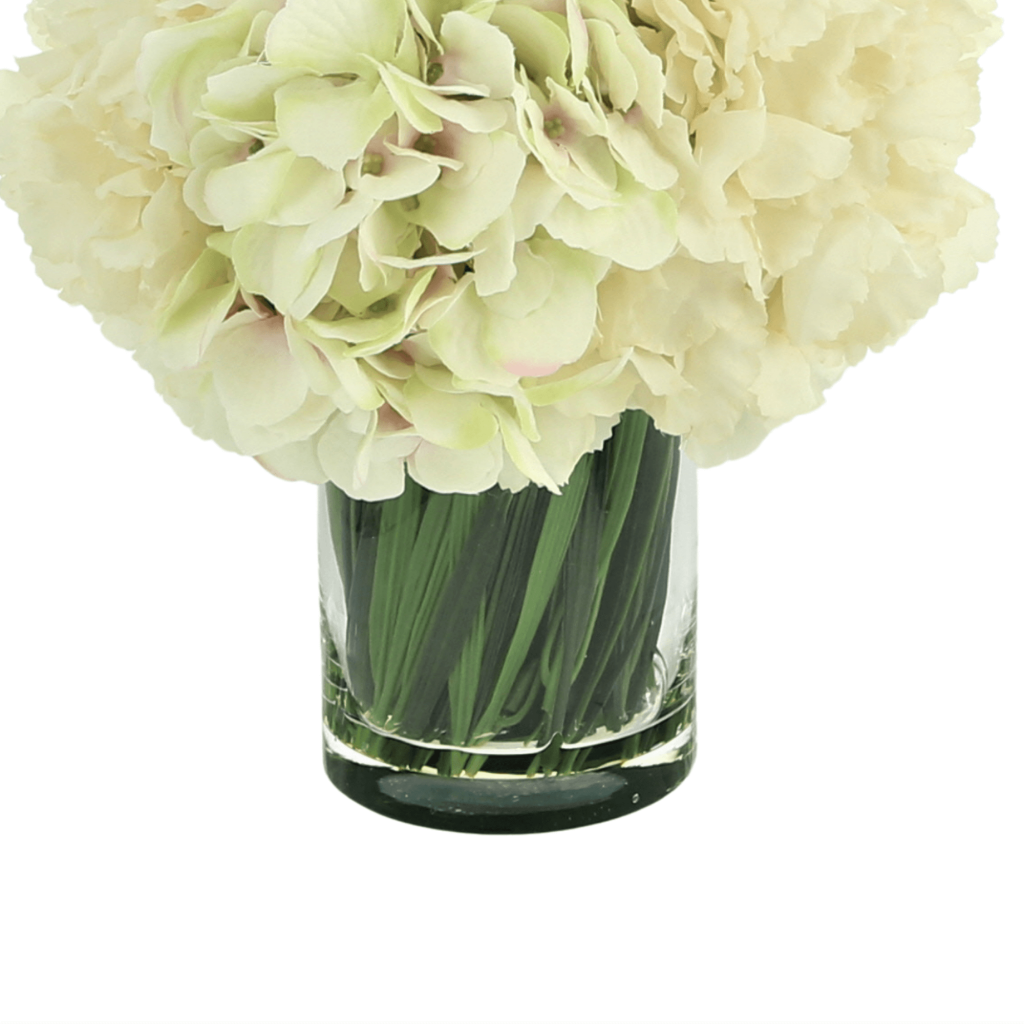 Hydrangea Florals in Glass Vase Creative Displays and Designs inc