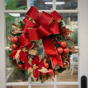 Creative Displays 28in Holiday Wreath with Red Poinsettia and Ornaments