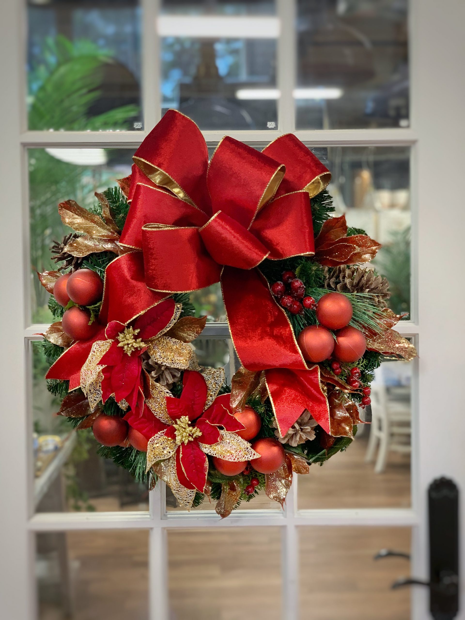 Creative Displays 28in Holiday Wreath with Red Poinsettia and Ornaments