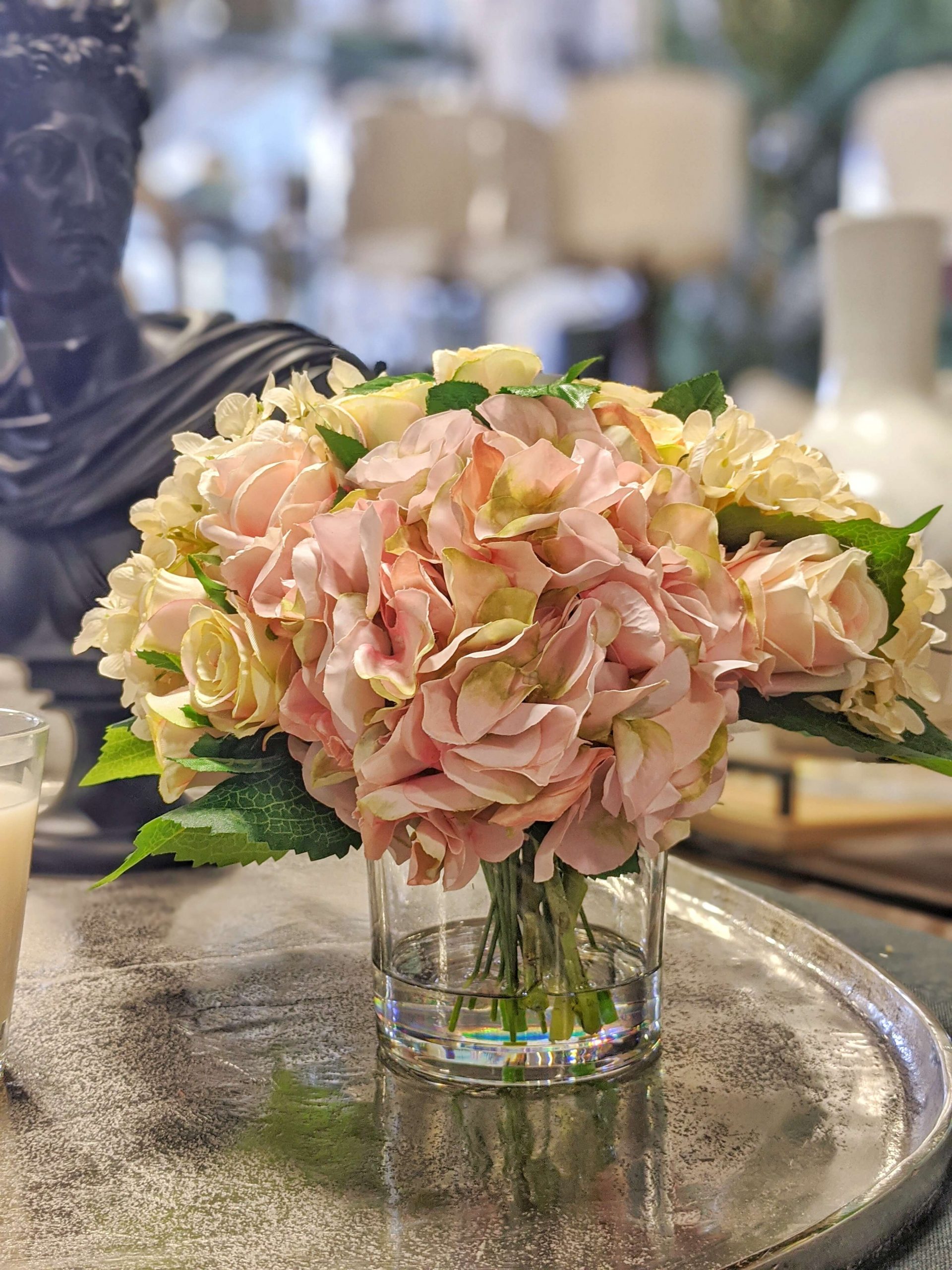 Creative Displays Cream & Pink Hydrangea Flower Arrangement with Roses