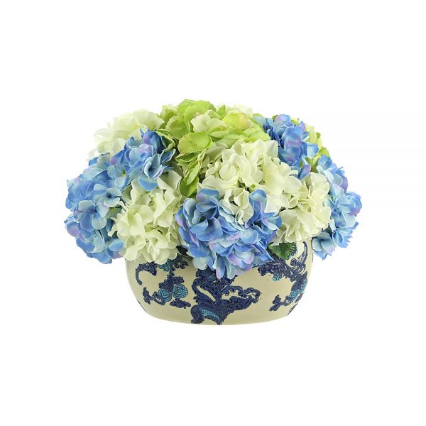 Assorted Hydrangea Arrangement in a Decorative Ceramic Vase