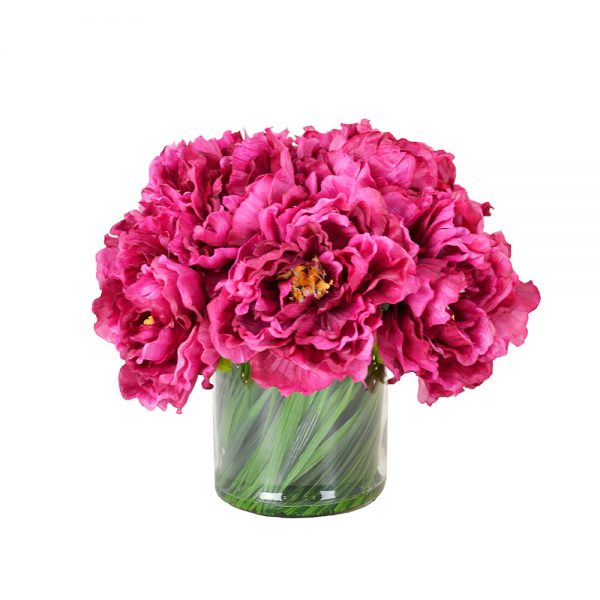 Peony Arrangement in Glass Vase with Grass