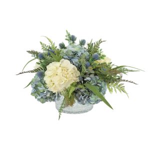 White and Seafoam Hydrangea Arrangement in Etched Glass Vase