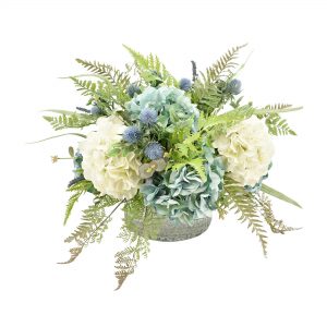 White and Seafoam Hydrangea Arrangement in Etched Glass Vase