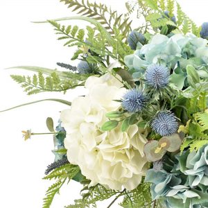 White and Seafoam Hydrangea Arrangement in Etched Glass Vase - Image 5