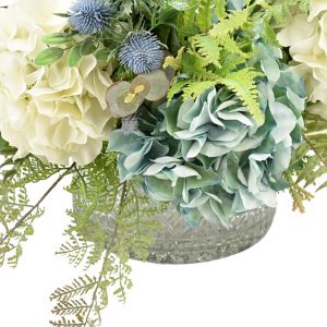 White and Seafoam Hydrangea Arrangement in Etched Glass Vase - Image 4