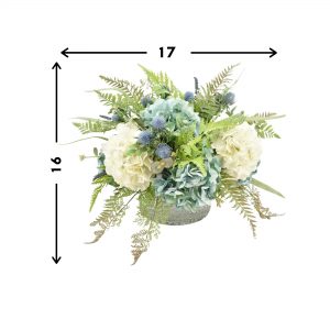 White and Seafoam Hydrangea Arrangement in Etched Glass Vase - Image 3
