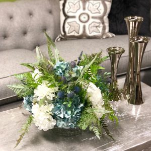 White and Seafoam Hydrangea Arrangement in Etched Glass Vase - Image 2