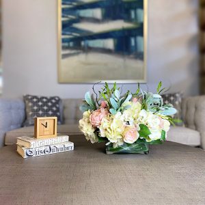 Hydrangea, Rose and Lamb's Ear Arranged in Glass Vase