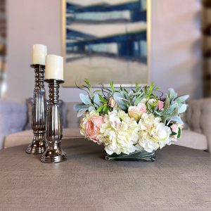 Hydrangea, Rose and Lamb's Ear Arranged in Glass Vase