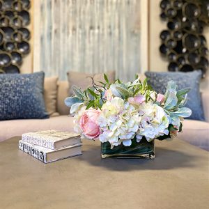 Hydrangea, Rose and Lamb's Ear Arranged in Glass Vase