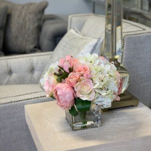 Creative Displays Rose, Peony and Hydrangea Arrangement in a Square Glass Vase