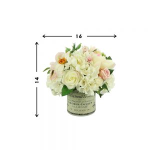Rose and Hydrangea Arranged in Labeled Glass Vase