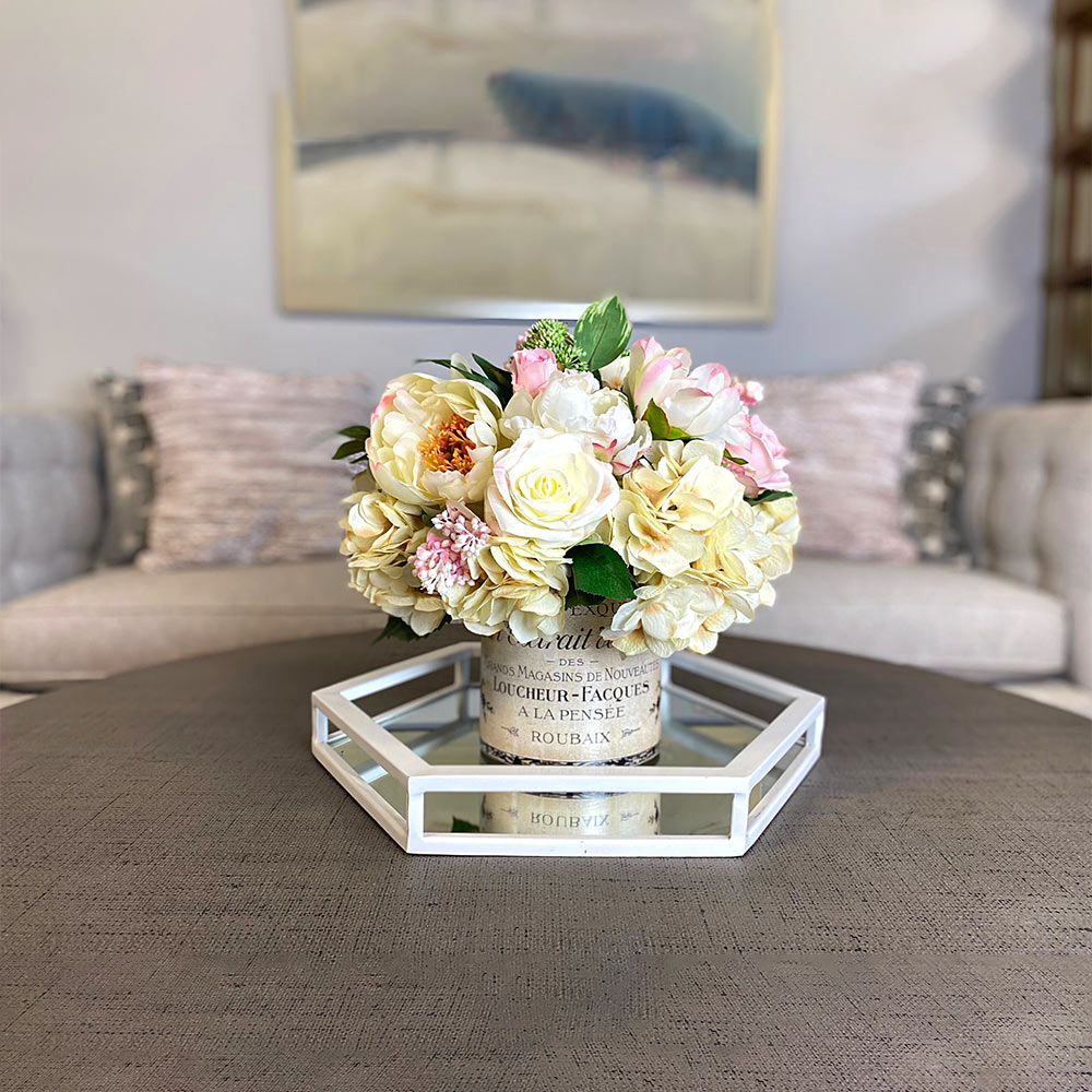 Rose and Hydrangea Arranged in Labeled Glass Vase