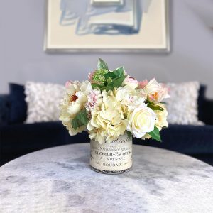 Rose and Hydrangea Arranged in Labeled Glass Vase