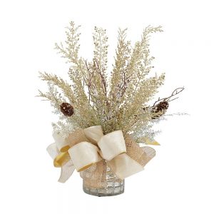 Holiday Arrangement with Champagne Branches and Cream Ribbons in Mercury Glass Vase