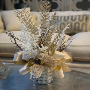 Holiday Arrangement with Champagne Branches and Cream Ribbons in Mercury Glass Vase - Image 5