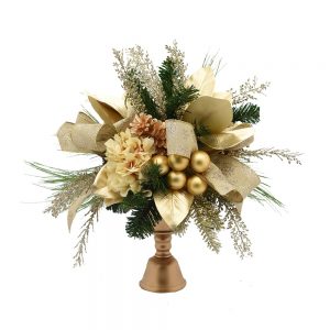 Creative Displays Holiday Centerpiece with Hydrangea, Evergreen, Pinecones and Ornaments in Gold Vase