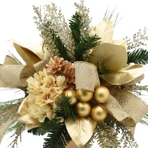 Creative Displays Holiday Centerpiece with Hydrangea, Evergreen, Pinecones and Ornaments in Gold Vase