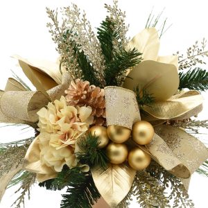 Creative Displays Holiday Centerpiece with Hydrangea, Evergreen, Pinecones and Ornaments in Gold Vase