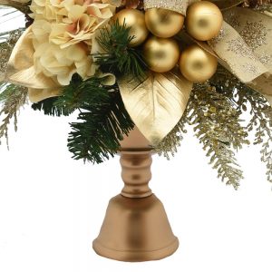 Creative Displays Holiday Centerpiece with Hydrangea, Evergreen, Pinecones and Ornaments in Gold Vase