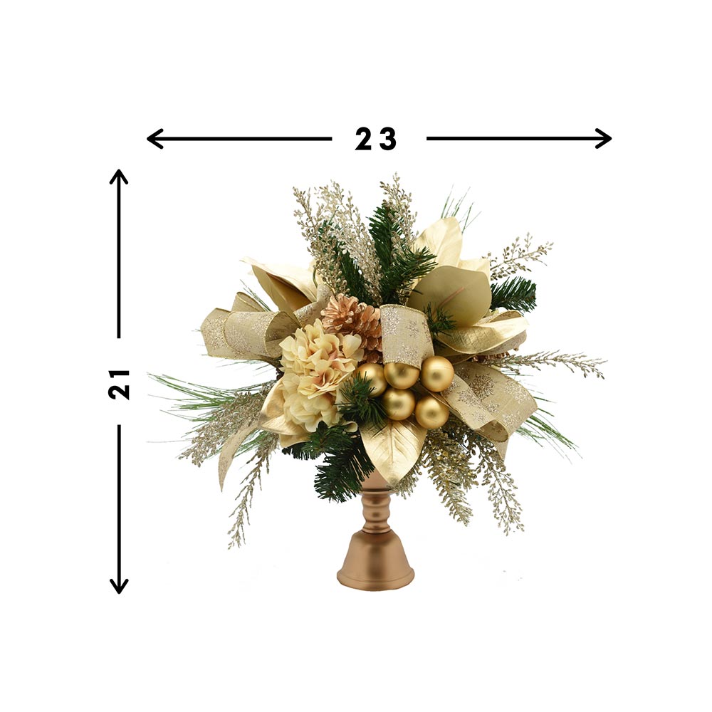 Creative Displays Holiday Centerpiece with Hydrangea, Evergreen, Pinecones and Ornaments in Gold Vase