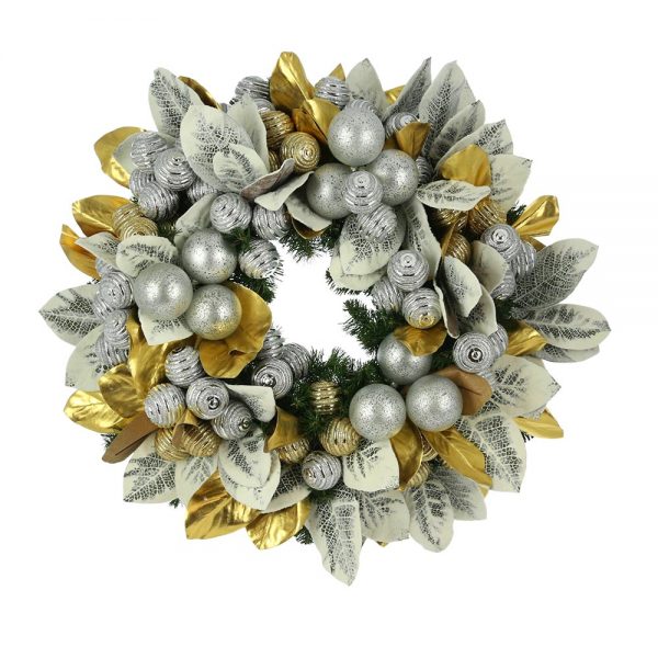 Creative Displays 32" Holiday Wreath with Frosted Magnolia Leaves and Ornaments