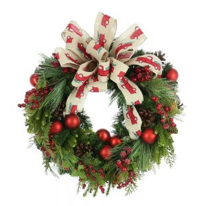 Creative Displays 26″ Holiday Wreath with Berry Picks, Ornaments and Truck Print Ribbon