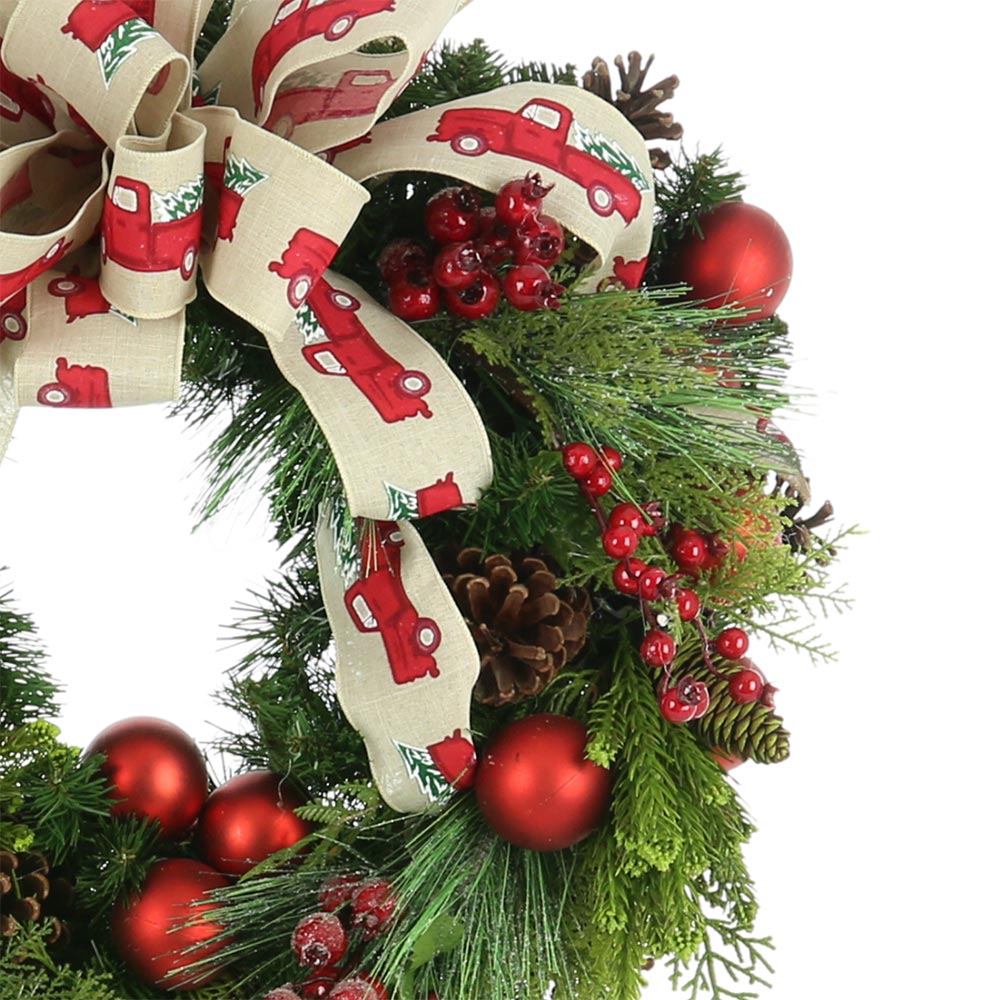 Creative Displays 26" Holiday Wreath with Berry Picks, Ornaments and Truck Print Ribbon