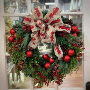 Creative Displays 26" Holiday Wreath with Berry Picks, Ornaments and Truck Print Ribbon