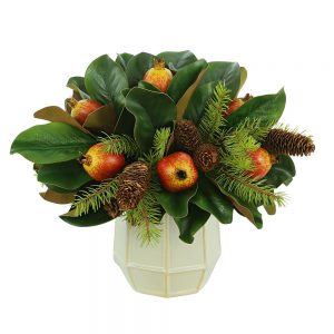 Creative Displays Pomegranate, Magnolia Leaves and Pinecones in a Ceramic Vase